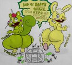 4_fingers anthro apple big_butt boombox buckteeth butt candy candy_apple cheek_tuft clothing crouching dessert duo exclamation_point facial_tuft fingers food footwear fruit fur green_body green_eyes green_fur head_tuft heart_nose heart_symbol lazy_eye lollipop long_ears looking_back male motion_lines musical_note musical_symbol on_one_leg one_eye_closed open_mouth pink_cheeks pink_clothing pink_footwear pink_nose plant rabbit_ears rear_view shaking_butt shoes slippers small_tail smile standing symbol tail teeth text thick_thighs tuft twerking yellow_body yellow_fur dotceedot fauxtellno1 third-party_edit happy_tree_friends cuddles_(htf) nutty_(htf) lagomorph leporid mammal rabbit rodent sciurid tree_squirrel 2024 absurd_res english_description english_text hi_res traditional_media_(artwork)