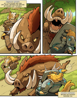 5_fingers 5_toes anthro armor blonde_hair clothing feet female feral fight fingers footwear fur gauntlets gauntlets_(weapon) gloves group hair handwear humanoid_feet male pauldron pawpads plantigrade plantigrade_pawpads shield soles tan_body tan_fur text toeless_footwear toes tower_shield trio tusks ceehaz dog_knight_rpg jeane_(ceehaz) nix_(ceehaz) bird_dog canid canine canis domestic_dog golden_retriever herding_dog hunting_dog mammal pastoral_dog retriever suid suine sus_(pig) welsh_corgi wild_boar 2025 absurd_res comic english_text hi_res