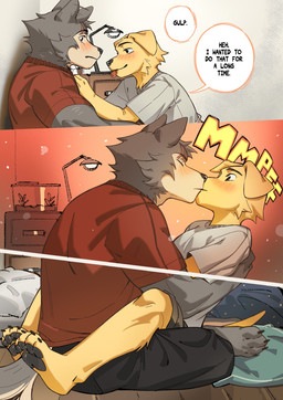 anthro anthro_on_anthro barefoot biped black_claws black_eyebrows black_eyes black_nose black_pawpads blep blush blush_lines bottomwear button_ears claws clothed clothed_anthro clothed_male clothing dialogue duo ear_twitch eye_scar eyebrow_scar eyebrows facial_scar feet floppy_ears fully_clothed fully_clothed_anthro fully_clothed_male fur grey_body grey_fur inside interspecies kissing looking_at_another looking_at_partner male male/male male_anthro mouth_closed muscular muscular_anthro muscular_male pants pawpads plantigrade plantigrade_pawpads romantic romantic_couple scar shirt shorts sitting slim slim_anthro slim_male tail talking_to_another talking_to_partner text toe_claws tongue tongue_out topwear white_body white_fur yellow_body yellow_fur hemuchang beastars jack_(beastars) legoshi_(beastars) canid canine canis domestic_dog mammal wolf comic english_text hi_res multiple_scenes