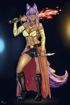 animal_ears animal_tail bikini bikini_top boots bottomwear clothed clothing dagger dark_body dark_skin elemental_manipulation female fire fire_manipulation hair melee_weapon muscular muscular_female purple_hair shorts skimpy solo swimwear sword two-piece_swimsuit weapon wolf_ears yellow_eyes dachilla74 bunny_and_fox_world nerah_(completeglobal1) animal_humanoid canid canid_humanoid canine canine_humanoid humanoid mammal mammal_humanoid wolf_humanoid absurd_res hi_res