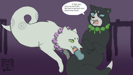 ambiguous_gender animal_genitalia animal_penis balls canine_genitalia canine_penis collar dialogue duo erection fellatio feral fur genitals green_eyes knot licking male open_mouth oral penile penis penis_lick sex text tongue tongue_out white_body white_fur metalfox kekkaishi hakubi madarao_(kekkaishi) ayakashi canid canine canis domestic_dog ghost mammal spirit wolf 16:9 english_text hi_res widescreen