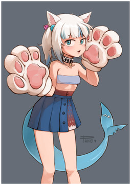 accessory bandeau bangs bell bell_collar bite_mark bite_taken blue_eyes blue_hair blue_highlights border bottomwear breasts clothed clothing collar collarbone eyebrow_through_hair eyebrows female fin fur furgonomics gloves grey_background hair hair_accessory hair_tie handwear highlights_(coloring) long_hair looking_at_viewer multicolored_hair notched_fin notched_tail open_mouth paw_gloves scar shark_tail simple_background skirt small_breasts solo standing surgical_suture tail tail_scar tail_through_skirt text text_on_collar topwear translucent translucent_hair white_body white_border white_fur white_hair phinci hololive hololive_en vtuber gawr_gura animal_humanoid aquatic aquatic_humanoid cat_humanoid felid felid_humanoid feline feline_humanoid fish fish_humanoid humanoid hybrid mammal mammal_humanoid shark_humanoid absurd_res hi_res portrait signature three-quarter_portrait
