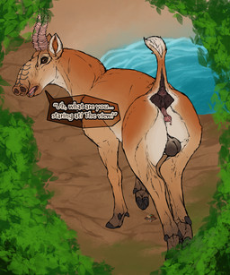 alternative_fashion anatomically_correct animal_genitalia balls behind_another butt embarrassed feral genitals herm intersex looking_at_viewer looking_back micropenis penis piercing punk quadruped realistic_feral rear_view sapient small_penis solo_focus startle startled uplifted vulva yonnixart matija_(shu_the_dragon) antelope bovid mammal saiga_antelope true_antelope 5:6 absurd_res hi_res