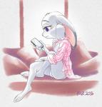 3_toes anthro barefoot biped clothed clothing earbuds electronics feet female fur grey_body grey_fur headphones panties phone plantigrade shirt simple_background sitting solo toes topwear underwear white_background sankam disney zootopia judy_hopps lagomorph leporid mammal rabbit 2016