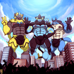 anthro big_muscles black_body black_fur blue_body blue_eyes blue_fur bulge city clothing detailed_bulge fur genital_outline gesture group hand_gesture looking_down macro male muscular muscular_male red_eyes speedo spines swimwear tongue tongue_out v_sign vehicle waving_hand yellow_body yellow_eyes yellow_fur modem_redpill nintendo pokemon canid canine felid generation_4_pokemon generation_7_pokemon legendary_pokemon lucario luxray mammal pokemon_(species) shinx zeraora 1:1 absurd_res hi_res