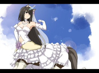 animal_ears armwear black_bars black_hair breasts cleavage clothed clothed_female clothed_taur clothing cutout detached_sleeves dress female garter_straps hair horn light_body light_skin navel_cutout solo taur_clothing unicorn_horn wedding_dress white_clothing donganbenben mythology equid equine humanoid_taur mammal mythological_creature mythological_equine taur unicorn unicorn_taur 2013 hi_res letterbox