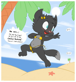 accident accidental_exposure action_pose anthro beach bikini biped black_body black_fur blush blush_lines border clothed clothing countershade_fur countershade_torso countershading day dialogue dipstick_tail eyebrows female flat_chested fur genitals gold_bikini grey_body grey_countershading grey_fur grey_markings humanoid_genitalia humanoid_vulva looking_back markings navel offscreen_character open_mouth outside palm_tree partially_clothed plant pose red_nose sand solo speech_bubble swimwear tail tail_markings text tongue tree two-piece_swimsuit vulva wardrobe_malfunction white_border young young_anthro young_female furcollector golden_week canid canine fox hybrid lemur mammal primate strepsirrhine 2026 absurd_res english_text hi_res