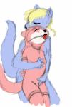 anthro ball_gag bdsm blue_body blue_fur breasts dominant duo female female/female fingering fur gag nipples pink_body pink_fur size_difference small_breasts young young_anthro cattivino 2017 hi_res