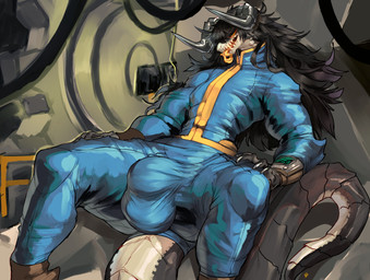 anthro balls_outline big_bulge big_tail biped black_body black_claws black_hair black_horn black_scales blue_bottomwear blue_clothing blue_pants blue_shirt blue_topwear boots bottomwear bulge claws clothed clothed_anthro clothed_male clothing countershade_face countershade_neck countershade_scales countershade_tail countershading detailed_background detailed_bulge eyelashes fangs finger_claws fingers footwear front_view fully_clothed furgonomics genital_outline glistening glistening_horn glowing glowing_eyes grey_horn hair horn humanoid_hands inside jumpsuit long_hair long_tail long_tongue male male_anthro monotone_hair multicolored_body multicolored_scales multicolored_tail muscular muscular_anthro muscular_male narrowed_eyes open_mouth orange_tongue pants pip-boy ridged_horn scales sharp_teeth shirt shoes sitting snout solo spread_legs spreading tail tail_clothing tail_ridge tan_body tan_countershading tan_scales teeth thick_thighs tongue tongue_out topwear two_tone_body two_tone_scales two_tone_tail vault_suit yellow_eyes zerolativity fallout microsoft deathclaw scalie 2025 absurd_res colored digital_media_(artwork) hi_res portrait shaded signature three-quarter_portrait