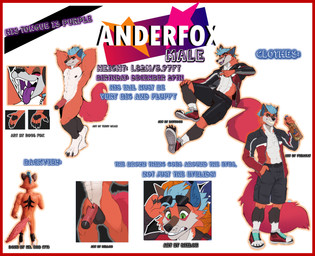 anthro big_penis black_penis blue_ears blue_hair border brown_ears darkened_genitalia darkened_penis exhibitionism eyewear fur genitals glasses green_eyes hair male multicolored_body multicolored_fur orange_body penis purple_tongue red_border red_tail solo tail text tongue white_body white_fur daymoon_100 freakat17 rous_fox sellon terryskaii anderfox canid canine fox mammal absurd_res english_text hi_res