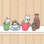 ambiguous_gender container cup drunk feral group mug sake_bottle substance_intoxication tea_cup whiskers mojacookie shikaruneko_(series) amayakasuneko nagameruneko shikaruneko ureuneko domestic_cat felid feline felis mammal 1:1 official_art