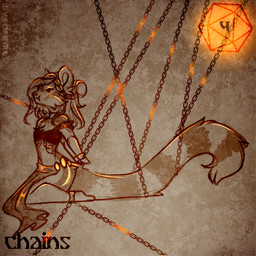 anthro bound chain chain_link chained d20 dice ears_up female holidays kneeling long_tail markings orange_dice solo striped_markings striped_tail stripes tail tail_markings wysdrem halloween mammal 1:1 hi_res