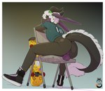 anthro anus backsack balls biped black_body black_clothing black_footwear black_horn black_shoes bottomless butt chair clothed clothing curly_hair folding_chair footwear fur furniture genitals gradient_background graffiti hair horn long_ears looking_at_viewer looking_back looking_back_at_viewer low-angle_view male on_chair plantigrade presenting presenting_hindquarters purple_anus purple_balls purple_body rear_view shirt shoes simple_background sitting sitting_backwards sitting_on_chair skateboard slim solo t-shirt tail tail_tuft thick_tail three-quarter_view topwear tuft vehicle white_body white_fur white_hair stampertpandragon underscore_b mythology newt_(underscore-b) dragon eastern_dragon mythological_creature mythological_scalie scalie 2025 absurd_res digital_media_(artwork) hi_res shaded