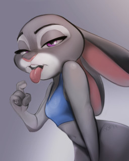 anthro biped bodily_fluids clothed clothing crop_top female gesture hand_gesture looking_at_viewer lustful_gaze pointing pointing_at_self purple_eyes saliva saliva_on_tongue saliva_string shirt simple_background solo tongue tongue_out topwear oofwoof disney zootopia judy_hopps lagomorph leporid mammal rabbit 2023 4:5 absurd_res digital_media_(artwork) hi_res shaded