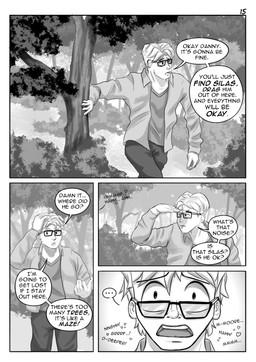 clothed clothing comic_panel dialogue eyewear forest forest_background glasses male narrative nature nature_background not_furry offscreen_character offscreen_sex plant shrub solo speech_bubble text tree alphasabre danny_(alphasabre) human mammal comic english_text greyscale hi_res monochrome