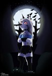 anthro black_bottomwear black_clothing black_shorts blue_clothing blue_topwear bottomwear clothing collar ear_piercing ear_ring female forest forest_background fur glowing glowing_eyes grass grey_body grey_fur hair moon nature nature_background night piercing plant red_eyes red_sclera ring_piercing shorts solo spiked_collar spikes topwear tree white_body white_fur white_hair beabea. helluva_boss mythology loona_(helluva_boss) canid canid_demon canine canis demon hellhound mammal mythological_canine mythological_creature wolf absurd_res hi_res