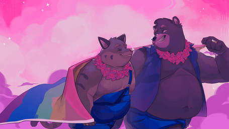 anthro belly biped blue_bottomwear blue_clothing blue_overalls blue_shorts bottomwear brown_body clothed clothing cloud digit_ring duo flower_necklace husband_and_husband jewelry lgbt_pride male married_couple multicolored_body navel open_clothing overalls overweight overweight_anthro overweight_male pride_colors purple_sky rainbow_pride_colors ring shorts sky sparkles striped_arms tail two_tone_body wedding_ring unatazaamarilla lgbt_pride_month taza_(unatazaamarilla) tom_(tomowo32) bear felid mammal pantherine tiger 16:9 absurd_res hi_res widescreen