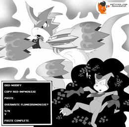 anthro armor clothing duo fingers floating freckles gloves handwear horn interrobang long_tail male open_mouth patreon_logo sharp_teeth spikes tail teeth text text_box tongue kanada bandai_namco digimon patreon kanada_(character) digimon_(species) flamedramon impmon 2021 english_text greyscale hi_res monochrome signature url