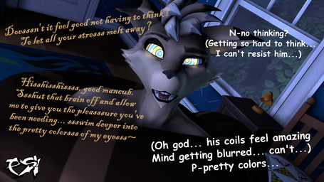 ambiguous_gender anthro black_highlights brown_body brown_fur brown_hair brown_scales cross-eyed dialogue duo feral fur hair highlights_(coloring) hypnosis looking_at_viewer male mind_control multicolored_hair open_mouth ringed_eyes scales solo_focus submissive submissive_male text tongue tongue_out two_tone_hair psikokinetic warfaremachine_(modeler) the_jungle_book kaa_(jungle_book) psiko_(psikokinetic) canid canine canis jackal mammal python reptile scalie snake 16:9 2024 3d_(artwork) 4k absurd_res digital_media_(artwork) english_text hi_res source_filmmaker_(artwork) widescreen male_(lore)
