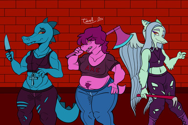 anthro axe belly blue_body bottomwear brick_wall choker clothed clothing crowbar feathered_wings feathers female freckles grey_hair group hair jewelry knife long_hair long_snout makeup melee_weapon midriff muscular muscular_anthro muscular_female navel necklace open_mouth orange_eyes pants pubes purple_body purple_hair red_eyes slightly_chubby slightly_chubby_anthro slightly_chubby_female snout tight_clothing tools torn_bottomwear torn_clothing torn_pants trio wall_(structure) weapon wings yellow_sclera cavemanon_studios deltarune goodbye_volcano_high ko_op_(game_developer) night_in_the_woods snoot_game undertale_(series) bea_santello fang_(gvh) susie_(deltarune) alligator alligatorid crocodilian prehistoric_species pterosaur reptile scalie 3:2 hi_res