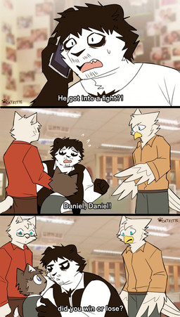 anthro asking calling clothing dialogue electronics eyewear fight glasses group male phone school shirt text topwear catkitte panda_(catkitte) ugly_cat_(catkitte) avian bear bird domestic_cat felid feline felis giant_panda mammal 2023 absurd_res comic digital_drawing_(artwork) digital_media_(artwork) hi_res signature adopted_(lore) adopted_son_(lore) father_(lore) parent_(lore)