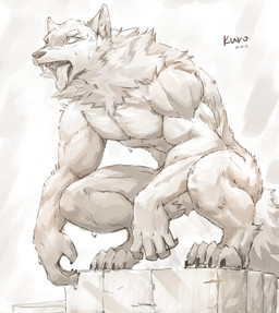 4_toes 5_fingers anthro biped bodily_fluids claws crouching digitigrade dripping eyebrows fangs feet finger_claws fingers front_view fur inner_ear_fluff looking_aside male muscular muscular_anthro muscular_male neck_tuft nude nude_anthro nude_male open_mouth pose saliva saliva_drip saliva_on_tongue simple_background snout solo sweat sweatdrop sweaty_face sweaty_hands sweaty_legs tail teeth text thick_eyebrows toe_claws toes tongue tuft kuromonsart canid mammal 2025 absurd_res artist_name dated digital_drawing_(artwork) digital_media_(artwork) english_text full-length_portrait hi_res monochrome portrait shaded