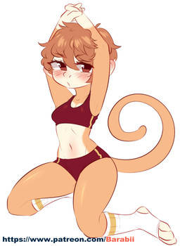 anthro blush bottomwear bra breasts brown_body brown_eyes brown_fur brown_hair clothing eye_through_hair eyebrow_through_hair eyebrows female footwear fur hair navel pattern_clothing raised_arms shorts simple_background socks solo spandex spandex_shorts sports_bra stirrup_socks stretching striped_clothing stripes text tight_bottomwear tight_clothing tight_shorts training_bra translucent translucent_hair underwear white_background aoizuri patreon haplorhine mammal monkey primate url