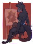 anthro black_body black_fur breasts cute_fangs easel fangs female fur nipples nude painting_(object) pawpads side_view smile solo tail teeth whiskers nitani maroochy_(slither) dasyurid dasyuromorph mammal marsupial tasmanian_devil 3:4 hi_res