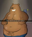 balls belly big_belly brown_body cellphone electronics erection genitals humanoid_genitalia humanoid_hands humanoid_penis inside male moobs navel nipples obese obese_male overweight overweight_male penis phone smartphone solo text sebboh cartoon_network we_bare_bears grizzly_(we_bare_bears) bear brown_bear grizzly_bear mammal ursine 2022 english_text hi_res