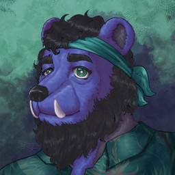 accessory aloha_shirt anthro beard black_facial_hair black_hair black_nose blue_body blue_fur clothed clothing eyebrows facial_hair fur green_clothing green_eyes green_topwear hair headband kerchief looking_at_viewer male multicolored_clothing multicolored_shirt multicolored_topwear pattern_clothing pattern_shirt pattern_topwear shirt simple_background smile solo teeth topwear tusks mau_bauu bear humanoid hybrid mammal orc ursine 1:1 bust_portrait digital_media_(artwork) hi_res portrait