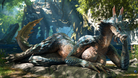 anthro big_breasts blue_body blue_scales breasts claws crossed_legs day detailed_background eyelashes featureless_breasts featureless_crotch feet female flower grass hand_on_chin horn light light_beam looking_at_viewer lying multicolored_body multicolored_scales nude nude_anthro on_ground on_rock on_side orange_eyes outside plant pose pupils raised_tail rock scales slit_pupils solo sunbeam sunlight tail tan_body tan_scales thick_thighs tree two_tone_body two_tone_scales water ivorylagiacrus capcom monster_hunter lagiacrus leviathan_(mh) scalie 16:9 2026 3d_(artwork) 4k absurd_res blender_(artwork) blender_cycles_(artwork) digital_media_(artwork) hi_res widescreen