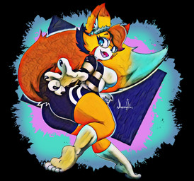anthro big_breasts big_butt blue_eyes breasts butt clothing fangs female pattern_background simple_background smile solo sweater teeth topwear jhenightfox julie_(jhenightfox) canid canine fox mammal hi_res