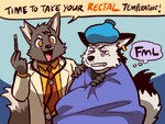 anthro clothed clothing dipstick_tail duo fingers ill male markings necktie open_mouth open_smile scientific_instrument smile speech_bubble tail tail_markings text thermometer fruitz fiz_(fruitz) rut_(fruitz) canid canine fox mammal 4:3 english_text