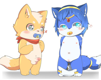 anthro balls blush clothing diaper dropped_diaper duo erection exposed female flat_chested foreskin genitals male mostly_nude navel nipples open_diaper pacifier penis scarf toddler vulva wardrobe_malfunction young young_anthro anonymous_artist nintendo star_fox fox_mccloud krystal_(star_fox) canid canine fox mammal hi_res
