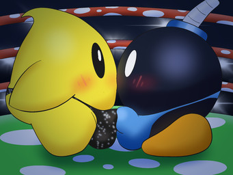 blush blush_lines bulge clothed clothed_male clothing detailed_background detailed_bulge duo fighting_ring frottage male male/male orb penile penises_touching sex side_view staredown thong underwear gayoshie mario_bros nintendo super_mario_galaxy bob-omb luma waddling_head 2025 4:3 digital_media_(artwork) hi_res shaded