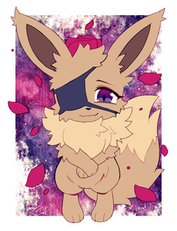 3_fingers 3_toes black_nose brown_body brown_fur cheek_tuft chest_tuft cute_fangs eye_patch eyewear facial_tuft fangs feet female feral fingers flower fur inner_ear_fluff looking_at_viewer petals plant purple_eyes rose_(flower) rose_petals simple_background solo teeth toes tuft white_body white_fur extyrannomon_(artist) nintendo pokemon eevee generation_1_pokemon pokemon_(species) 2018 hi_res