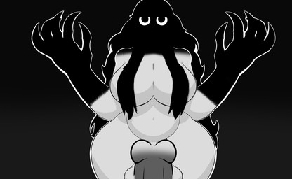anthro balls belly big_breasts big_hands black_background black_body breasts claws convenient_censorship dark finger_claws genitals glowing glowing_eyes gradient_background grey_body gynomorph hair hair_covering_breasts huge_hips intersex knot penis shadow shadow_face simple_background solo wide_hips emberdibuja emberblaze canid canine ghost humanoid mammal spirit absurd_res hi_res monochrome