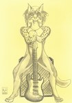 amplifier anthro ear_piercing ear_ring female fur guitar looking_at_viewer markings musical_instrument nude piercing plucked_string_instrument ring_piercing simple_background sitting solo speaker spots spotted_body spotted_fur string_instrument n2o felid mammal 2021 hi_res signature