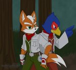 anthro beak blue_body blue_eyes blue_feathers clothing eyebrows feathers fur gesture green_eyes hair hand_gesture jacket male orange_body orange_fur plant pointing red_body red_feathers topwear tree white_body white_fur white_hair blackwingedheart87 nintendo star_fox falco_lombardi fox_mccloud avian bird canid canine fox mammal 2009 hi_res