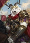 anthro antlers armor banner black_nose blue_eyes bracers circlet cloak clothing decorative_armor fur gold_(metal) gold_circlet gold_jewelry gold_necklace hand_wraps horn horseback jewelry leather leather_strap looking_at_viewer male mane melee_weapon neck_tuft necklace pauldron pendant pointy_ears polearm prick_ears purple_clothing red_cloak red_clothing regal riding_horse roman roman_clothing roman_empire sky solo spear straps tuft weapon white_body white_fur wraps alsares canid mammal 2025 digital_media_(artwork) hi_res portrait three-quarter_portrait watermark