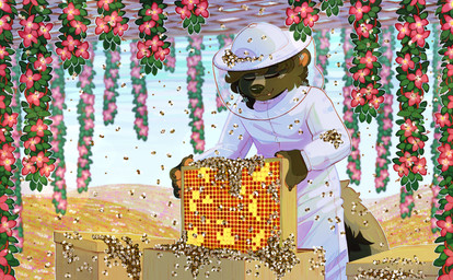 anthro bee_suit beehive beehive_frame beekeeper black_claws black_nose claws clothed clothing detailed_background eyes_closed feral flower food fully_clothed fur grey_body grey_fur grey_hair hair honey_(food) honeycomb male pawpads pink_inner_ear pink_pawpads plant short_hair solo tail crownedvictory wix_(skunkwix) arthropod bee honey_bee hymenopteran insect mammal mephitid skunk striped_skunk 2023 absurd_res digital_drawing_(artwork) digital_media_(artwork) hi_res shaded