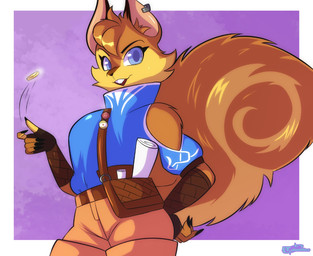 anthro big_tail blue_eyes border bottomwear brown_body brown_fur brown_inner_ear_fluff clothing coin coin_flip ear_piercing ear_ring female fingerless_gloves fur gloves hand_on_hip handwear humanoid_hands inner_ear_fluff looking_at_viewer piercing pink_inner_ear purple_background ring_piercing shorts shoulder_bag simple_background smile smiling_at_viewer solo tail tuft white_border it_doodles cool_s epic_games fortnite fortnite:_battle_royale fortnite_concept_skin mammal rodent sciurid tree_squirrel 2026 digital_drawing_(artwork) digital_media_(artwork) english_description hi_res
