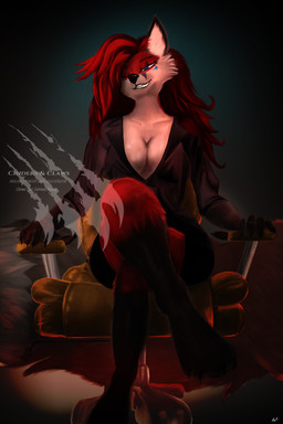 anthro blue_eyes breasts chair cleavage clothed clothing female fluffy fur furniture grin hair orange_body orange_fur red_hair sitting smile solo tail villainous itsmapledoe canid canine fox mammal absurd_res hi_res