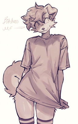 anthro bodily_fluids cheek_tuft clothing directional_arrow eyelashes facial_tuft floppy_ears fur hair legwear looking_away male nervous nervous_smile nervous_sweat pattern_clothing pattern_legwear pattern_thigh_highs shirt smile solo standing striped_clothing striped_legwear striped_thigh_highs stripes sweat tail text thigh_highs topwear tuft chantiyii ginger_(heresvix) canid canine canis domestic_dog mammal 2025 absurd_res english_text hi_res sketch trans_(lore) trans_man_(lore)