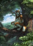 anthro arm_on_leg arm_support athletic athletic_anthro athletic_male barefoot bent_legs biceps biped black_claws black_nose blue_eyes blue_sky braided_hair branch brown_body brown_fur claws cloud crouching day deltoids detailed_background digitigrade feather_ear_ring feathers feet finger_claws fluffy fluffy_tail forest fur hair high_place inner_ear_fluff landscape leaf light looking_away male moss multicolored_body multicolored_fur nature neck_tuft nude outside plant pointy_ears prick_ears sky solo tail tan_body tan_fur toe_claws tree triceps tuft white_body white_fur aurru miles_(miles-wolf) canid canine canis mammal wolf 2021 artist_name digital_media_(artwork) digital_painting_(artwork) full-length_portrait lighting portrait shaded signature