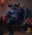 2_horns 5_fingers 5_toes abs anthro anus areola balls bed big_penis biped black_areola black_nipples black_nose blue_body blue_fur bodily_fluids butt butt_from_the_front erection fangs feet fingers fur furniture genital_fluids genitals horn hybrid_genitalia hybrid_penis indoor_nudity inside lamp lantern lying male muscular muscular_anthro muscular_male nipples nude nude_anthro nude_male on_back pecs penis pillow pink_balls pink_penis plantigrade precum presenting presenting_anus presenting_hindquarters raised_leg red_eyes red_pillow smile solo spread_butt spreading tail tail_tuft teeth toes tuft vein veiny_penis yellow_sclera orcfun demon 2023 hi_res