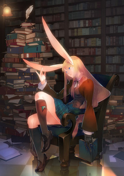 amputee blonde_hair blue_eyes book bottomwear breasts caressing chair clothed clothing cybernetics disability female furniture hair ink lamp legwear library machine pen prosthetic ribbons sitting skirt solo stockings stroking_ear touching_ear touching_own_ear animal_humanoid cyborg humanoid lagomorph lagomorph_humanoid leporid leporid_humanoid mammal mammal_humanoid rabbit rabbit_humanoid hi_res