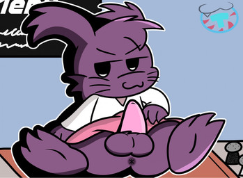 3_fingers 3_toes >:3 anthro anus balls black_eyes blue_wall bottomwear butt cheek_tuft closed_smile clothed clothing clothing_lift counter crossdressing crossdressing_male erection eyebrow_through_hair eyebrows facial_tuft feet fingers fluffy_ears fur furrowed_eyebrows genitals hair inside kitchen light logo male male_anthro motion_lines mouth_closed noseless outline partially_clothed_anthro partially_clothed_male penis pepper_shaker pink_bottomwear pink_clothing pink_penis pink_skirt presenting presenting_penis purple_anus purple_balls purple_body purple_fur purple_hair purple_tail salt_shaker shirt sign sitting_on_counter skirt skirt_lift smile solo tail toes topwear translucent translucent_hair tuft white_clothing white_outline white_shirt white_topwear mintytempest kappa_mikey guano_(kappa_mikey) mammal unknown_species 2017 artist_logo colored digital_drawing_(artwork) digital_media_(artwork) english_description lighting shaded