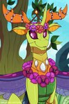 antlers feral flower green_body green_skin horn insect_wings male orange_inner_ear plant purple_eyes purple_wings sitting smile solo spread_wings tree wings inuhoshi-to-darkpen friendship_is_magic hasbro my_little_pony thorax_(mlp) arthropod changeling alternate_version_at_source digital_media_(artwork) hi_res