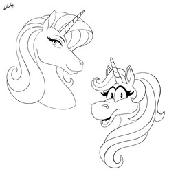 anthro duo ears_up eyebrows eyelashes female hair horn looking_at_viewer looking_up open_mouth smile tongue unicorn_horn chisheq mythology equid equine mammal mythological_creature mythological_equine unicorn 1:1 hi_res monochrome sketch